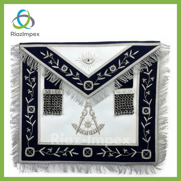 RIAZ IMPEX MASONIC REGALIA Masonic Blue Lodge Past Master Silver Handmade embroidery Apron Navy