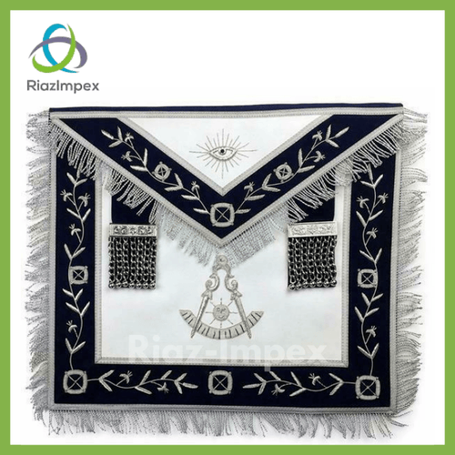 RIAZ IMPEX MASONIC REGALIA Masonic Blue Lodge Past Master Silver Handmade embroidery Apron Navy