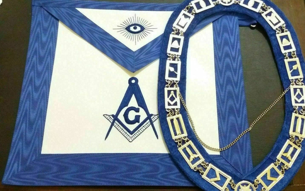 RIAZ IMPEX MASONIC REGALIA MASONIC BLUE OFFICER MASTER MASON APRON and CHAIN COLLAR, MASTER MASON APRON