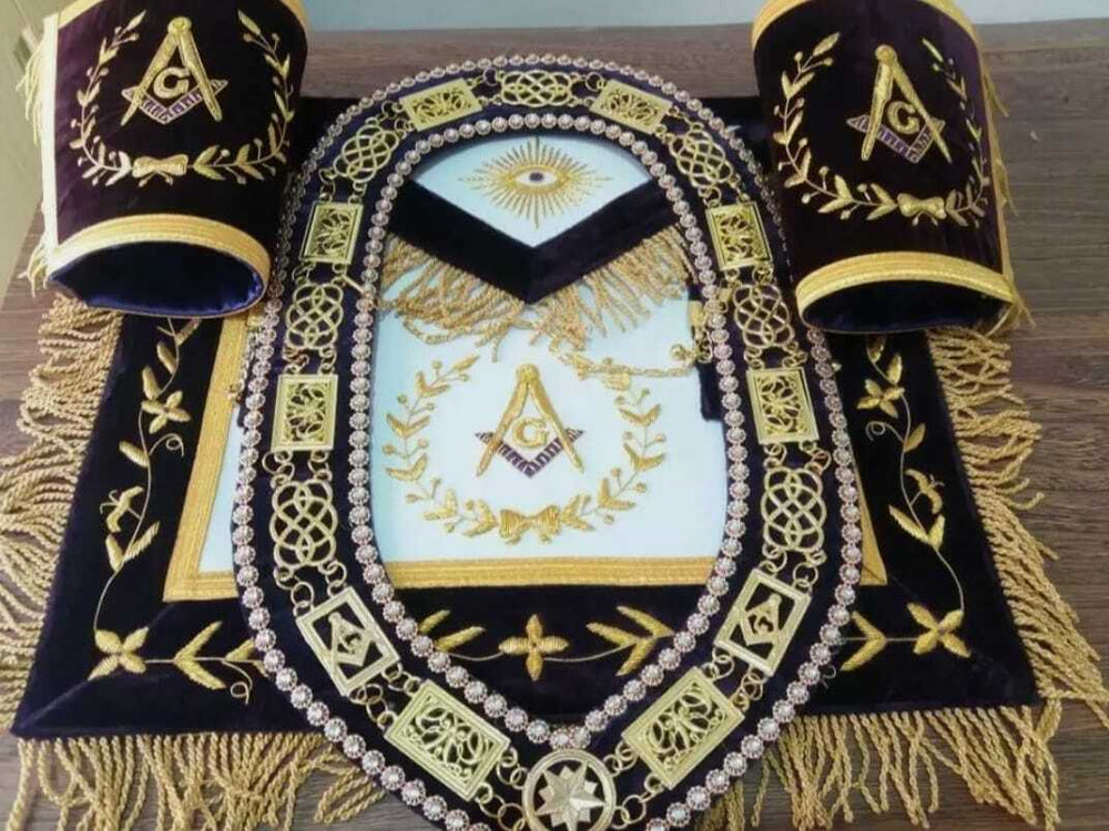 RIAZ IMPEX MASONIC REGALIA MASONIC GRAND LODGE MASTER MASON APRON, CUFFS PAIR AND CHAIN COLLAR