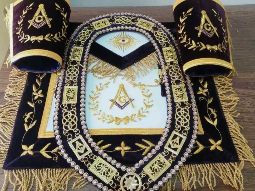 RIAZ IMPEX MASONIC REGALIA MASONIC GRAND LODGE MASTER MASON APRON, CUFFS PAIR AND CHAIN COLLAR