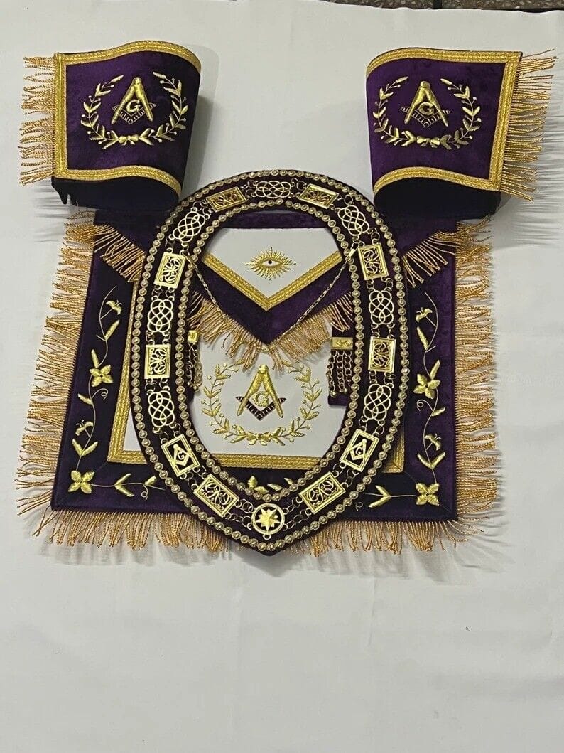 RIAZ IMPEX MASONIC REGALIA MASONIC GRAND LODGE Master Mason Apron, Cuffs with Chain Collar Purple