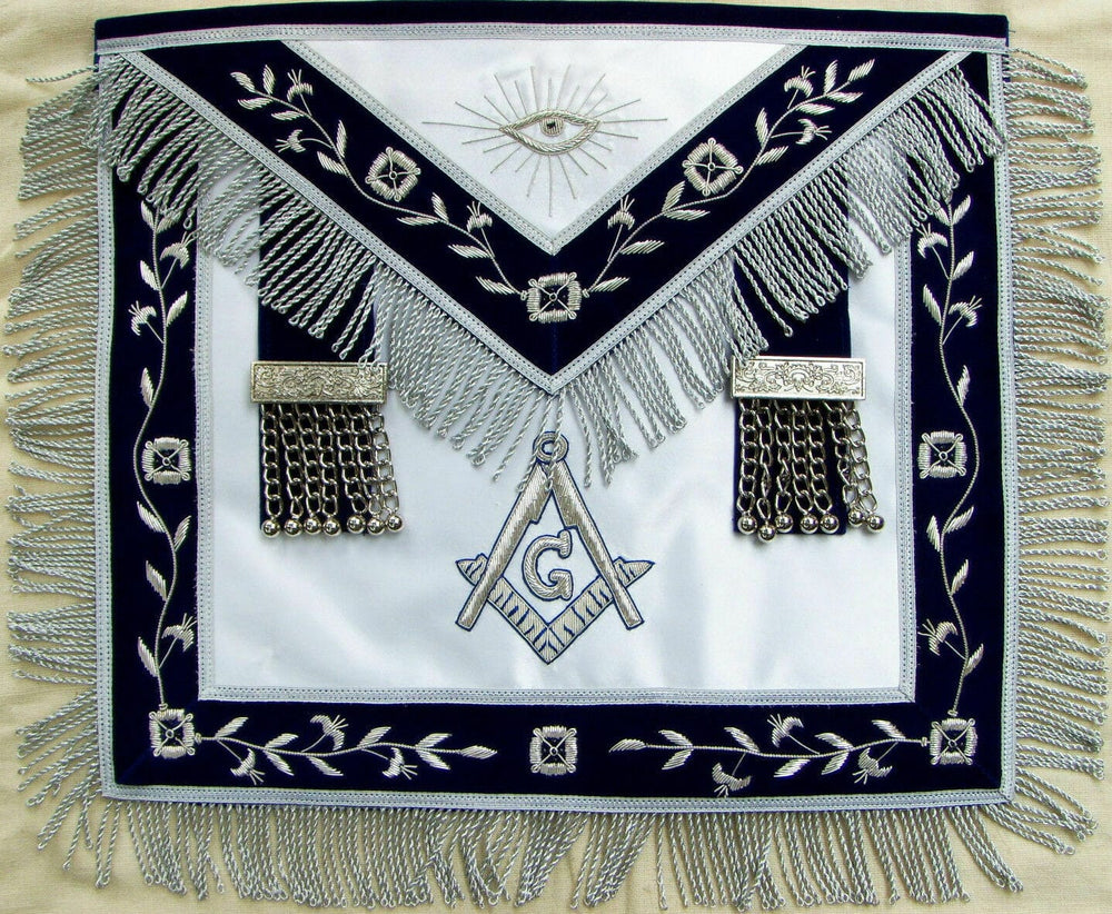 RIAZ IMPEX MASONIC REGALIA MASONIC MASTER MASON APRON HAND EMBROIDERED SILVER BULLION VINE WORK
