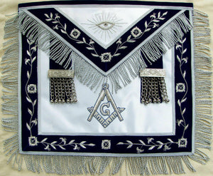 RIAZ IMPEX MASONIC REGALIA MASONIC MASTER MASON APRON HAND EMBROIDERED SILVER BULLION VINE WORK