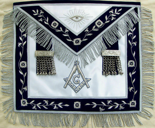 RIAZ IMPEX MASONIC REGALIA MASONIC MASTER MASON APRON HAND EMBROIDERED SILVER BULLION VINE WORK