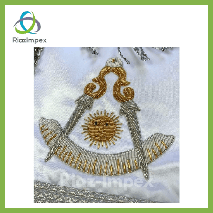 RIAZ IMPEX MASONIC REGALIA Masonic Past Master Apron Gold and Silver Hand Embroidery Apron Silk