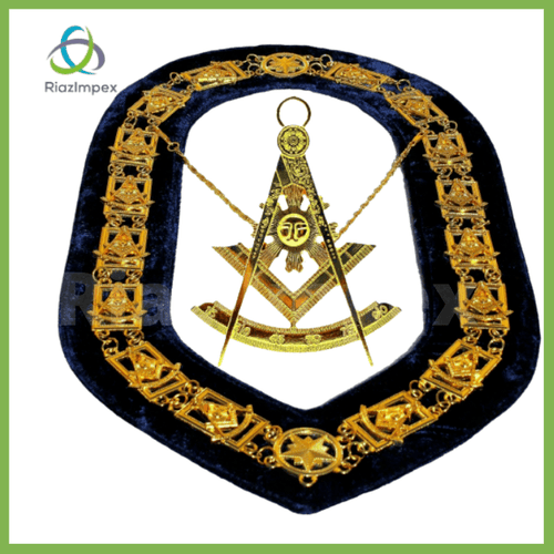 RIAZ IMPEX MASONIC REGALIA Masonic PAST MASTER GOLD Chain Collar BLUE Backing + Pendant BEST QUALITY