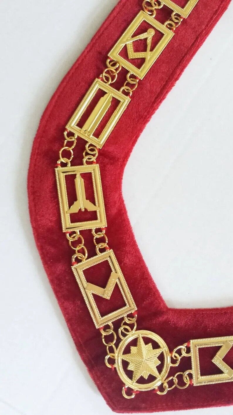 RIAZ IMPEX MASONIC REGALIA Masonic Past Master Mason Chain Collar Gold Plated Red Velvet Backing