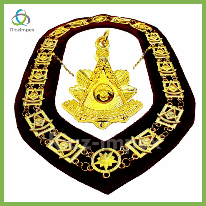 RIAZ IMPEX MASONIC REGALIA Masonic PENDANT + Collar PAST MASTER MAROON BACKING GOLD CHAIN