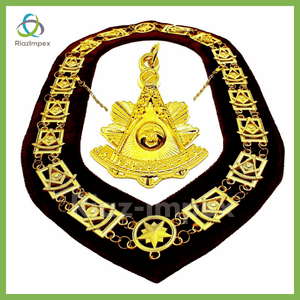 RIAZ IMPEX MASONIC REGALIA Masonic PENDANT + Collar PAST MASTER MAROON BACKING GOLD CHAIN