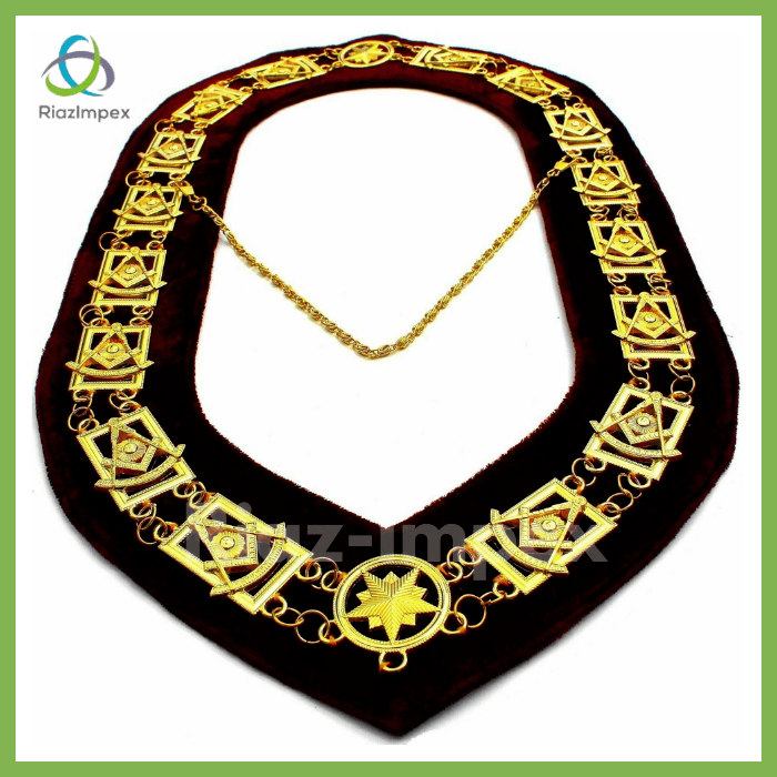 RIAZ IMPEX MASONIC REGALIA Masonic PENDANT + Collar PAST MASTER MAROON BACKING GOLD CHAIN