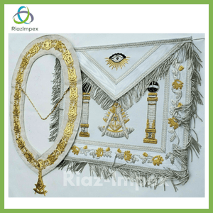 RIAZ IMPEX MASONIC REGALIA Masonic Regalia Apron Hand Bullion EMBROIDERED PAST MASTER Collar chain White