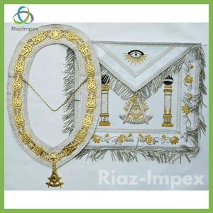 RIAZ IMPEX MASONIC REGALIA Masonic Regalia Apron Hand Bullion EMBROIDERED PAST MASTER Collar chain White