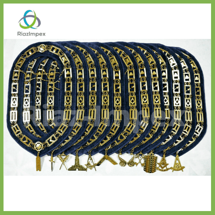 RIAZ IMPEX MASONIC REGALIA Masonic Regalia Aprons Blue Lodge Officers Set of 12 & Blue Backing Chain Collar