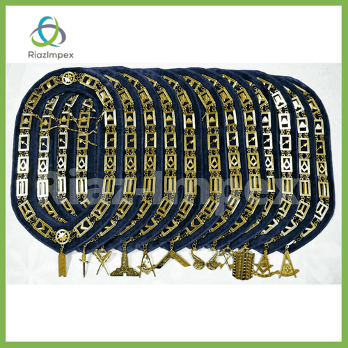RIAZ IMPEX MASONIC REGALIA Masonic Regalia Aprons Blue Lodge Officers Set of 12 & Blue Backing Chain Collar