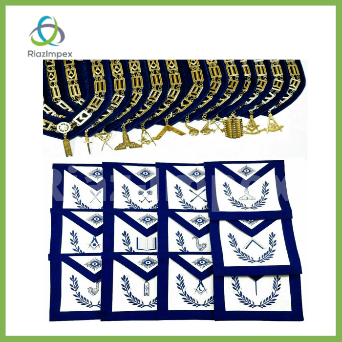 RIAZ IMPEX MASONIC REGALIA Masonic Regalia Aprons Blue Lodge Officers Set of 12 & Blue Backing Chain Collar