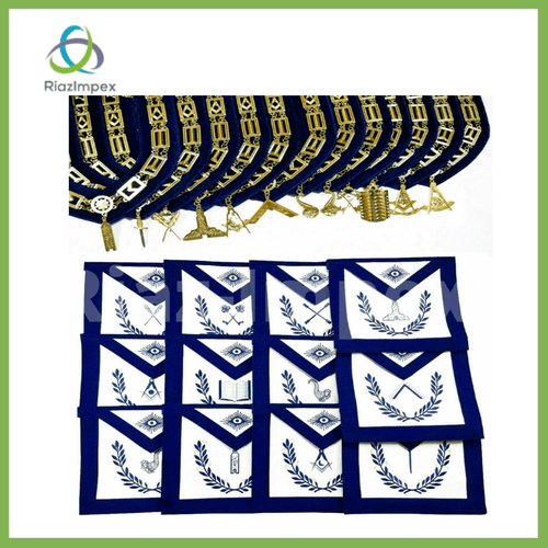 RIAZ IMPEX MASONIC REGALIA Masonic Regalia Aprons Blue Lodge Officers Set of 12 & Blue Backing Chain Collar