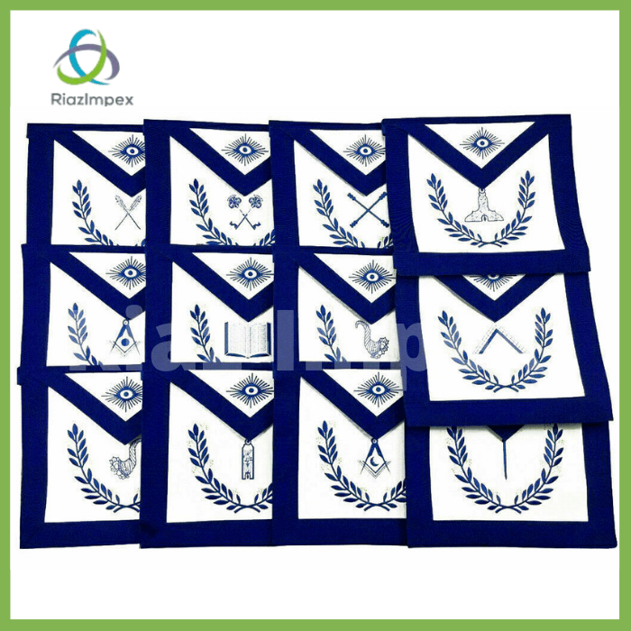 RIAZ IMPEX MASONIC REGALIA Masonic Regalia Aprons Blue Lodge Officers Set of 12 & Blue Backing Chain Collar