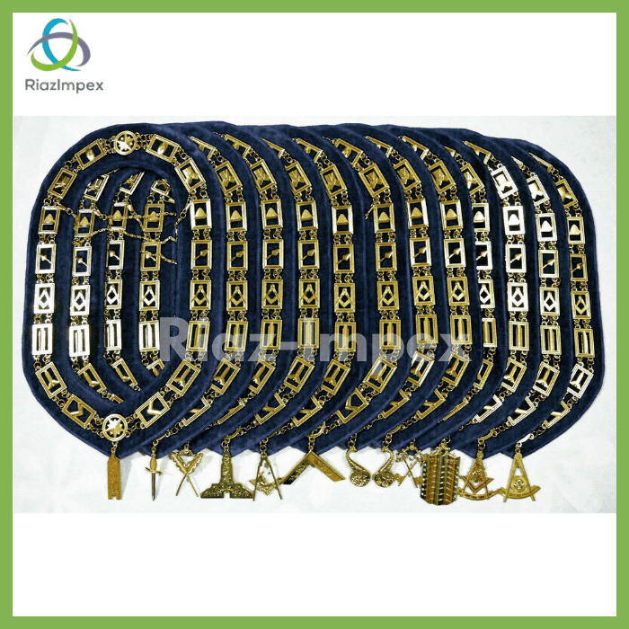 RIAZ IMPEX MASONIC REGALIA Masonic Regalia Aprons Blue Lodge Officers Set of 12 & Blue Backing Chain Collar