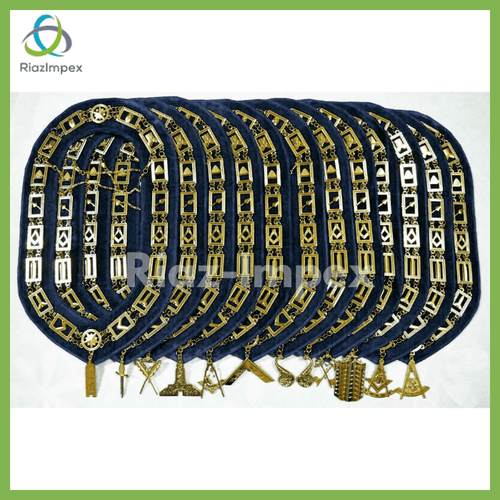 RIAZ IMPEX MASONIC REGALIA Masonic Regalia Aprons Blue Lodge Officers Set of 12 & Blue Backing Chain Collar