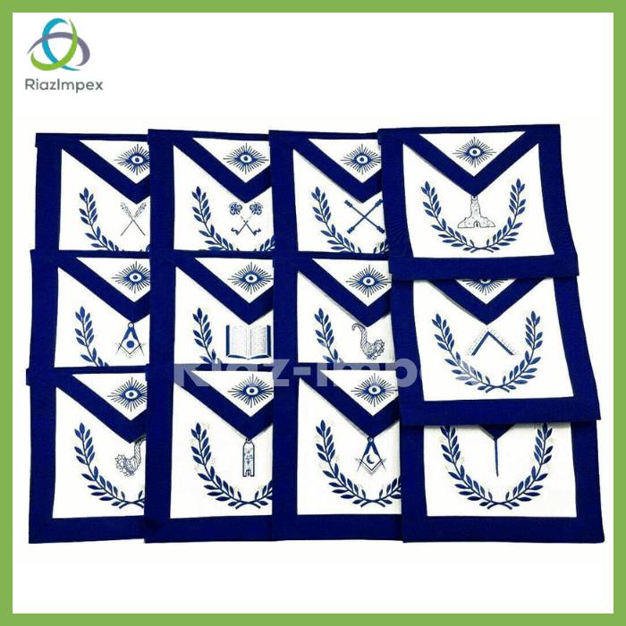 RIAZ IMPEX MASONIC REGALIA Masonic Regalia Aprons Blue Lodge Officers Set of 12 & Blue Backing Chain Collar