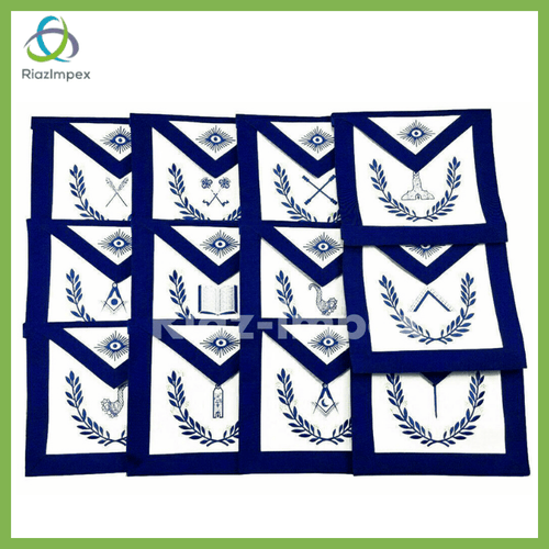 RIAZ IMPEX MASONIC REGALIA Masonic Regalia Aprons Blue Lodge Officers Set of 12 & Blue Backing Chain Collar