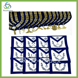 RIAZ IMPEX MASONIC REGALIA Masonic Regalia Aprons Blue Lodge Officers Set of 12 & Blue Backing Chain Collar
