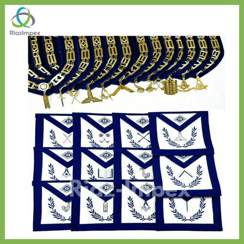 RIAZ IMPEX MASONIC REGALIA Masonic Regalia Aprons Blue Lodge Officers Set of 12 & Blue Backing Chain Collar