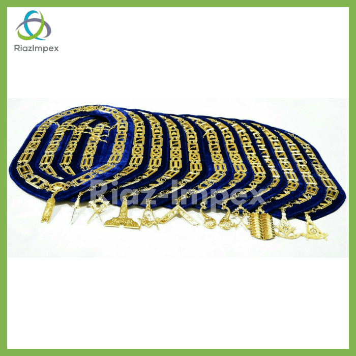 RIAZ IMPEX MASONIC REGALIA Masonic Regalia Aprons Blue Lodge Officers Set of 12 & Blue Backing Chain Collar