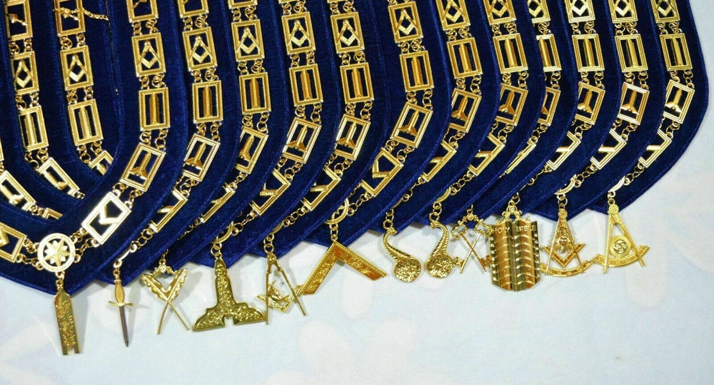 RIAZ IMPEX MASONIC REGALIA MASONIC Regalia BLUE LODGE CHAIN COLLAR WITH OFFICER JEWELS GOLDEN 12 PCS SET