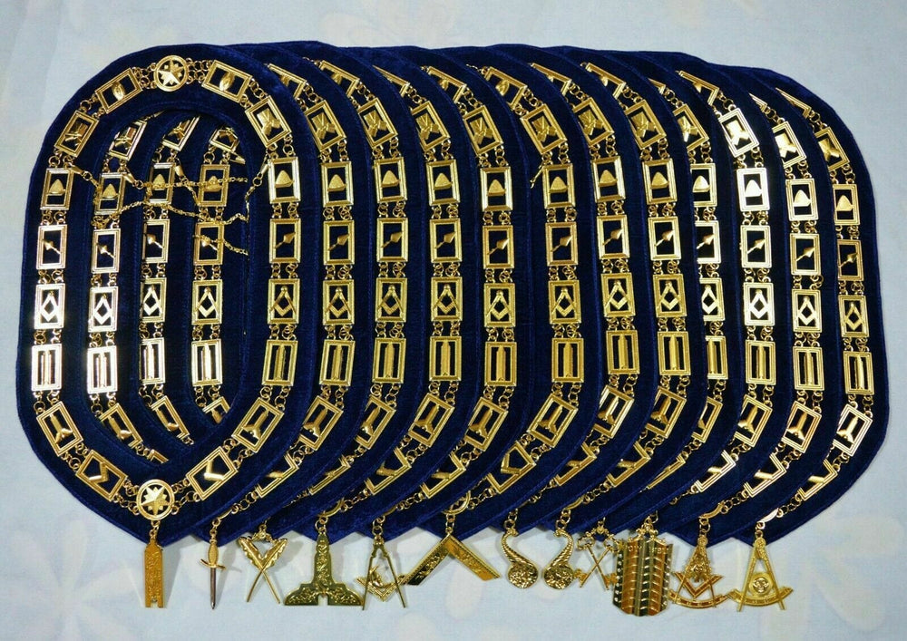RIAZ IMPEX MASONIC REGALIA MASONIC Regalia BLUE LODGE CHAIN COLLAR WITH OFFICER JEWELS GOLDEN 12 PCS SET