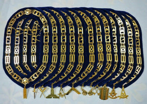RIAZ IMPEX MASONIC REGALIA MASONIC Regalia BLUE LODGE CHAIN COLLAR WITH OFFICER JEWELS GOLDEN 12 PCS SET