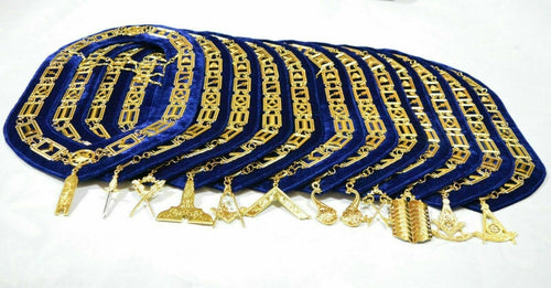 RIAZ IMPEX MASONIC REGALIA MASONIC Regalia BLUE LODGE CHAIN COLLAR WITH OFFICER JEWELS GOLDEN 12 PCS SET