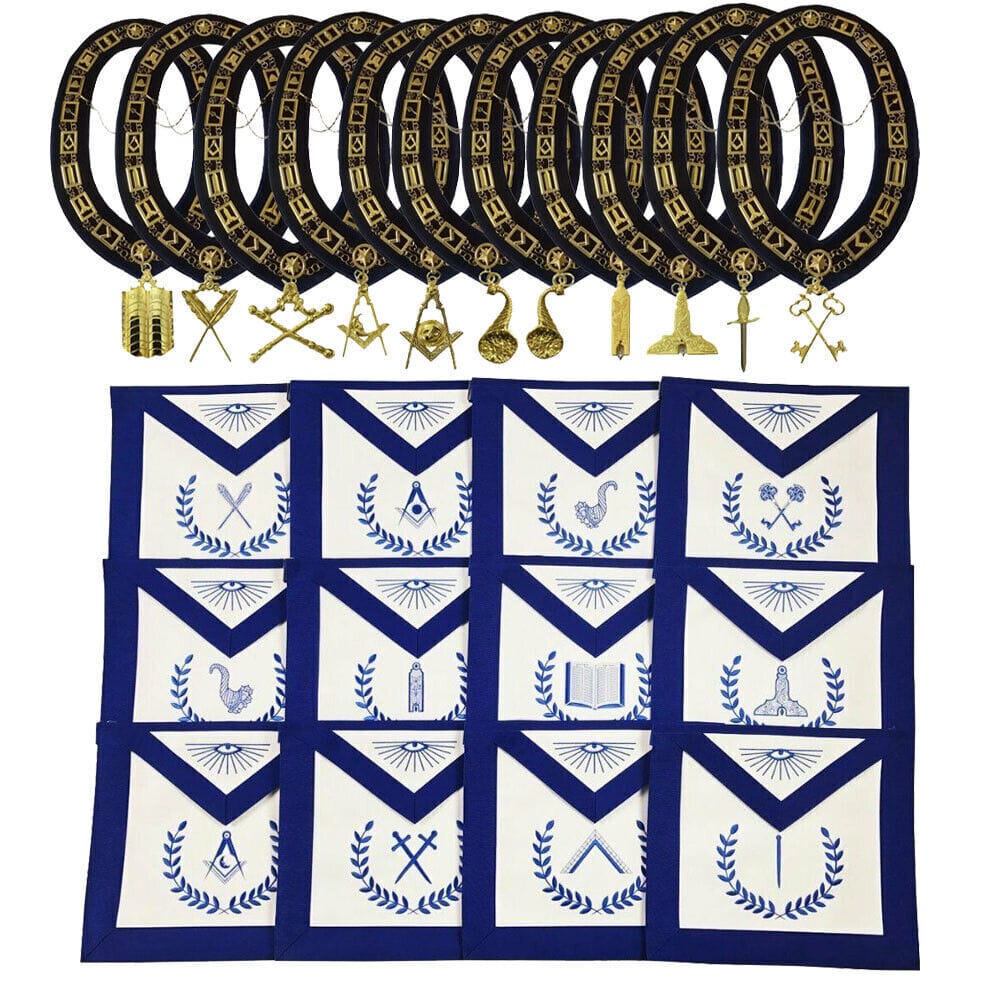 RIAZ IMPEX MASONIC REGALIA Masonic Regalia Blue Lodge Officer Aprons, Gold Chain collars with jewel 12 pcs