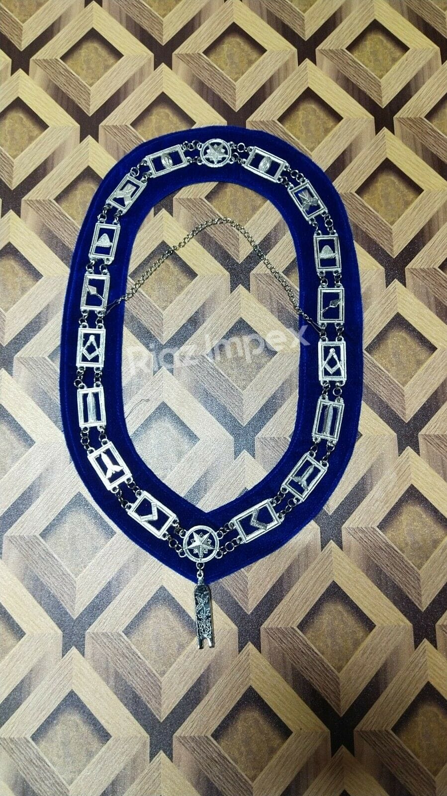 RIAZ IMPEX MASONIC REGALIA Masonic Regalia Blue Lodge Officer Chain Collar Silver on Blue Backing set of 12