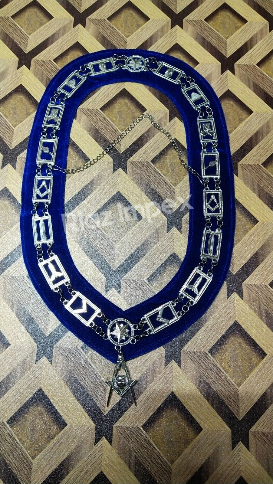 RIAZ IMPEX MASONIC REGALIA Masonic Regalia Blue Lodge Officer Chain Collar Silver on Blue Backing set of 12