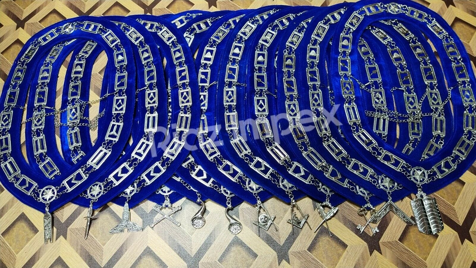 RIAZ IMPEX MASONIC REGALIA Masonic Regalia Blue Lodge Officer Chain Collar Silver on Blue Backing set of 12