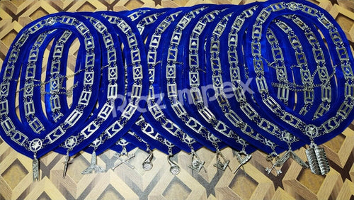 RIAZ IMPEX MASONIC REGALIA Masonic Regalia Blue Lodge Officer Chain Collar Silver on Blue Backing set of 12