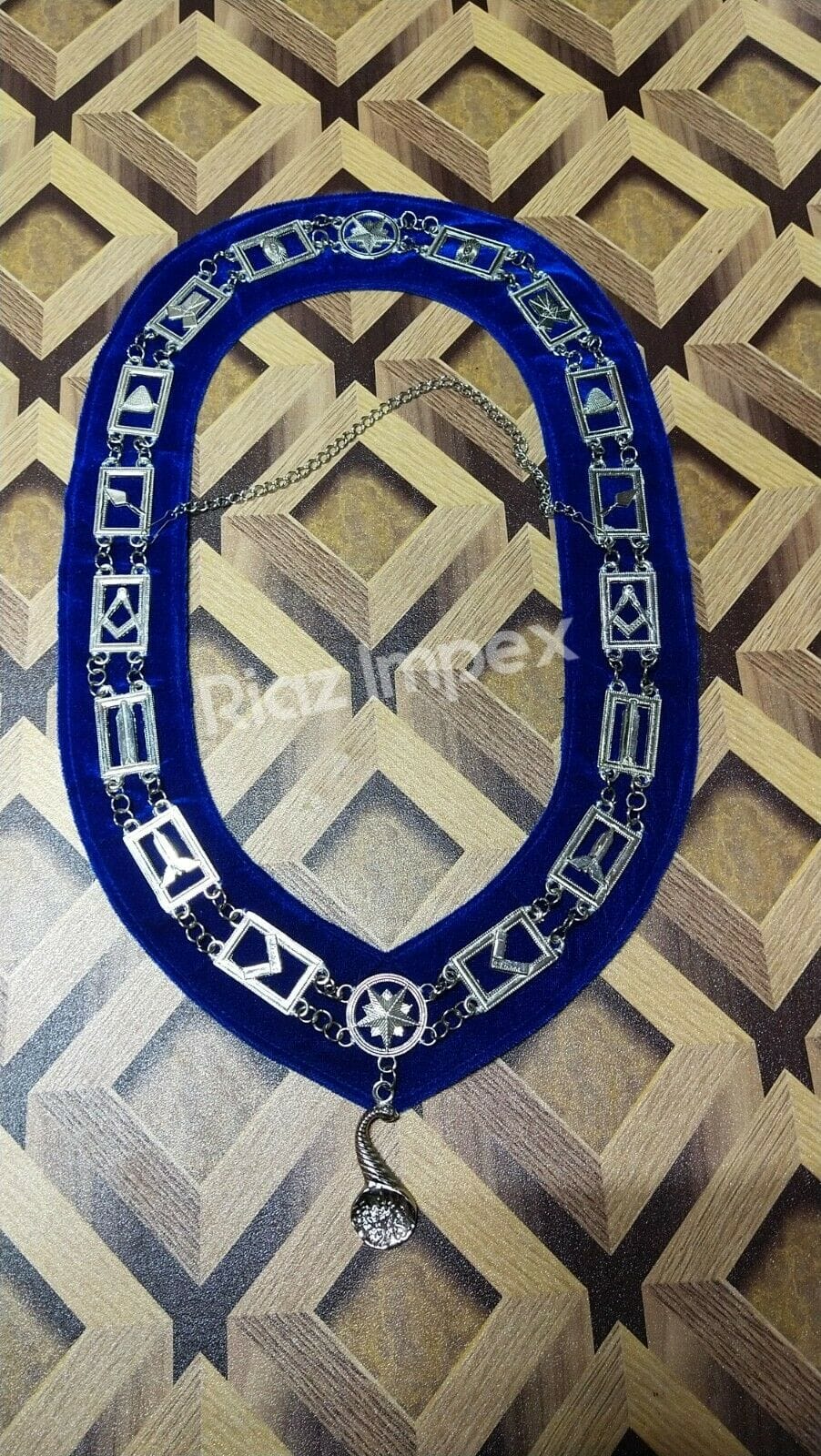 RIAZ IMPEX MASONIC REGALIA Masonic Regalia Blue Lodge Officer Chain Collar Silver on Blue Backing set of 12