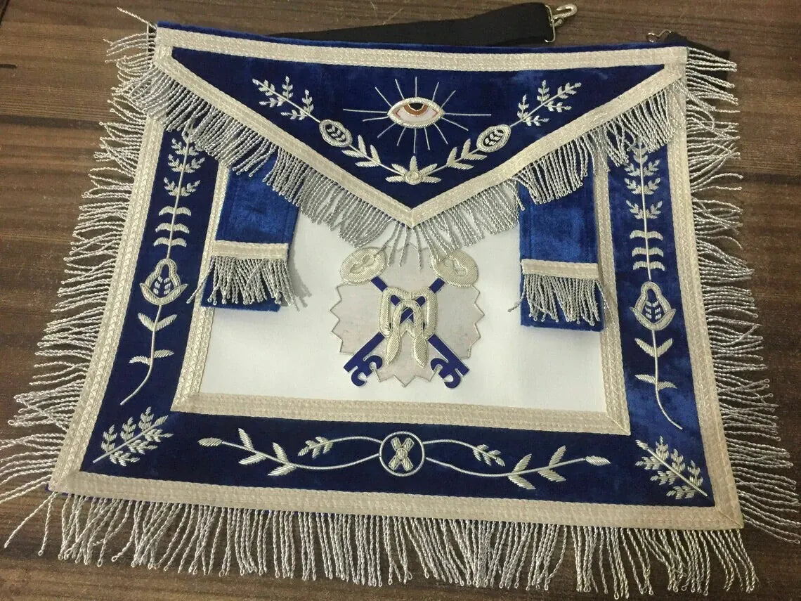 RIAZ IMPEX MASONIC REGALIA Masonic Regalia Blue lodge Officer leather Aprons Bullion Hand Embroidered and collar chain with jewels set of 15