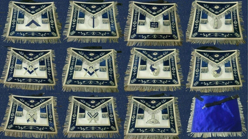 RIAZ IMPEX MASONIC REGALIA Masonic Regalia Blue lodge Officer leather Aprons Bullion Hand Embroidered and collar chain with jewels set of 15
