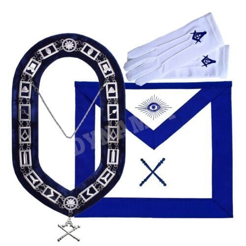 RIAZ IMPEX MASONIC REGALIA Masonic Regalia Blue Lodge Officer Marshal Apron, Silver Chain Collar & Gloves
