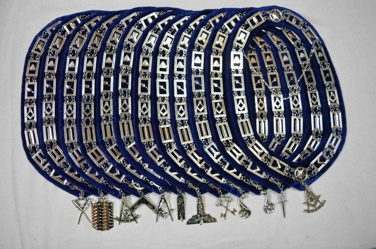 RIAZ IMPEX MASONIC REGALIA MASONIC REGALIA BLUE LODGE OFFICER SILVER COLOR CHAIN COLLARS WITH JEWELS 12 PCS