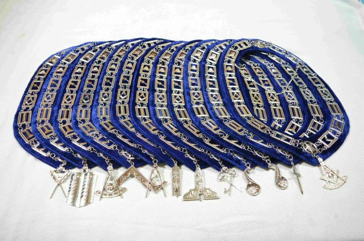 RIAZ IMPEX MASONIC REGALIA MASONIC REGALIA BLUE LODGE OFFICER SILVER COLOR CHAIN COLLARS WITH JEWELS 12 PCS