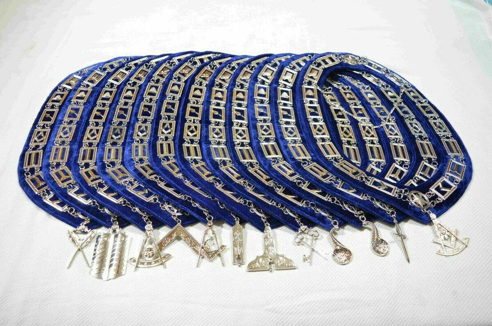 RIAZ IMPEX MASONIC REGALIA MASONIC REGALIA BLUE LODGE OFFICER SILVER COLOR CHAIN COLLARS WITH JEWELS 12 PCS
