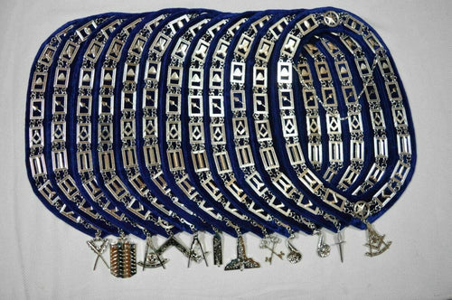 RIAZ IMPEX MASONIC REGALIA MASONIC REGALIA BLUE LODGE OFFICER SILVER COLOR CHAIN COLLARS WITH JEWELS 12 PCS