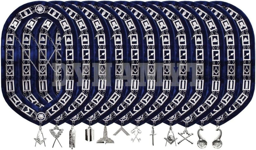 RIAZ IMPEX MASONIC REGALIA Masonic Regalia Blue Officer Silver Metal Chain Collars with Jewels 12 PCS