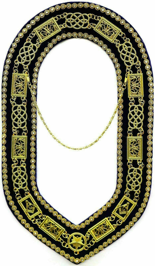 RIAZ IMPEX MASONIC REGALIA MASONIC REGALIA GRAND LODGE GOLDEN CHAIN RHINESTONE COLLAR PURPLE VELVET