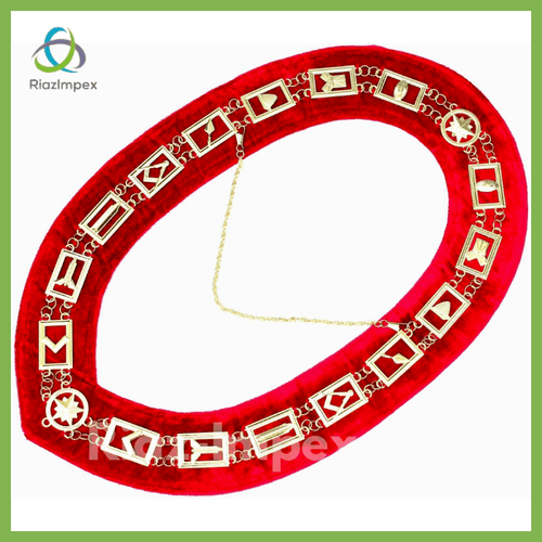 RIAZ IMPEX MASONIC REGALIA Masonic Regalia Master Mason GOLDEN Metal Chain Collar RED Backing