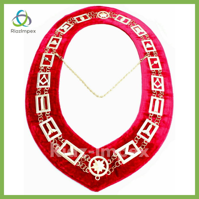 RIAZ IMPEX MASONIC REGALIA Masonic Regalia Master Mason GOLDEN Metal Chain Collar RED Backing